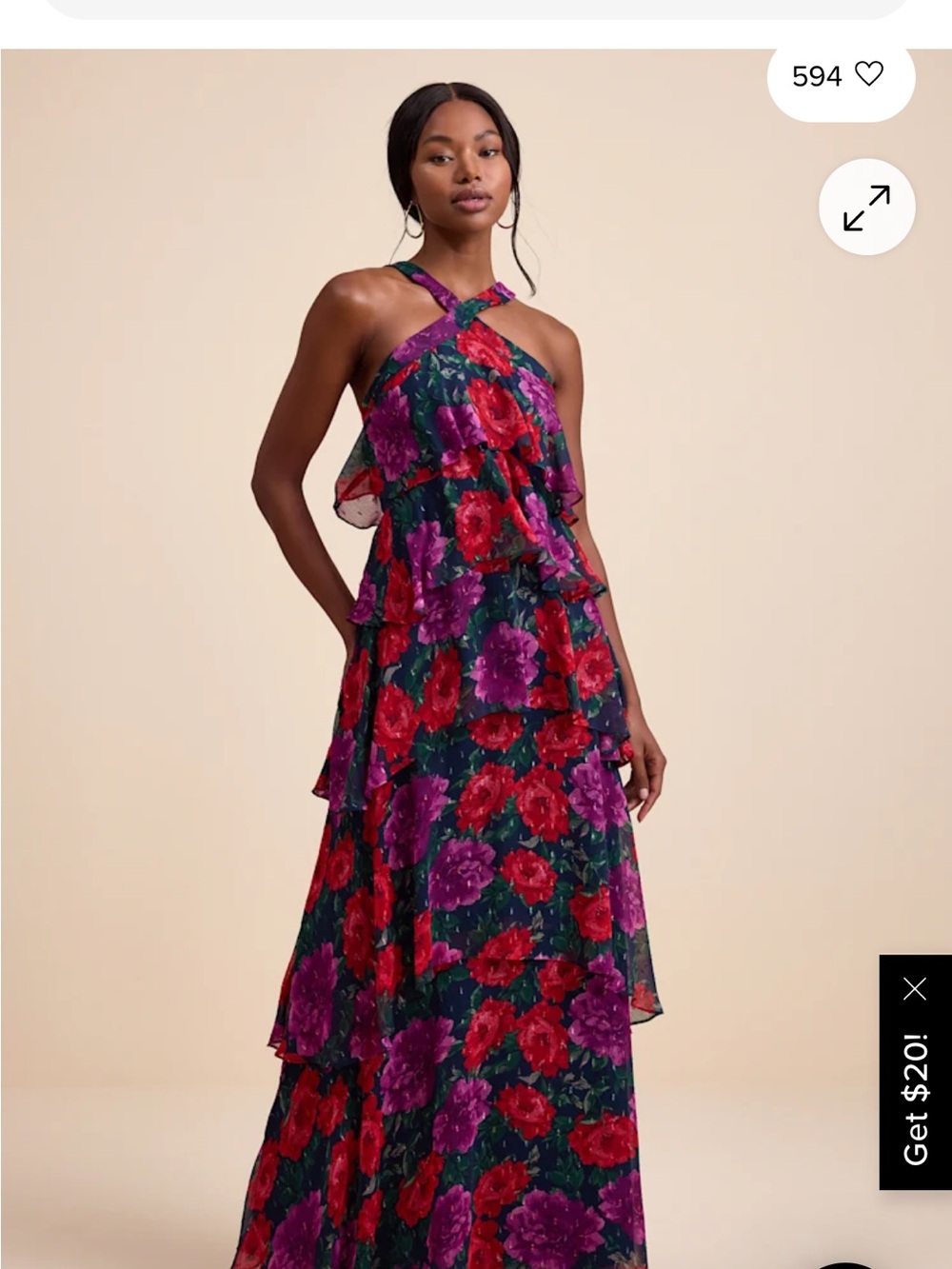 Lulu’s Allegria Navy Floral Clip Dot Tiered Backless Maxi Dress